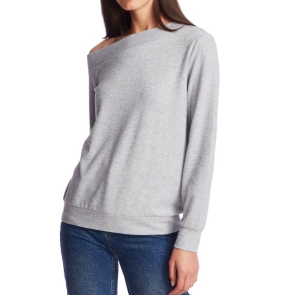 1. STATE Womens Silver Beaded Heather Long Sleeve Jewel Neck Sweater Size XXS